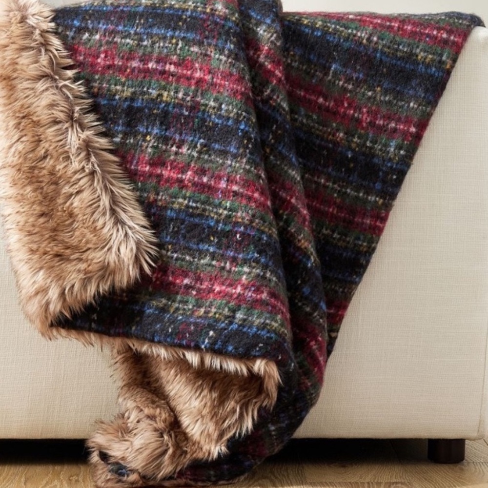 Pottery Barn Stewart Plaid Faux Fur Throw Blanket black/navy/red